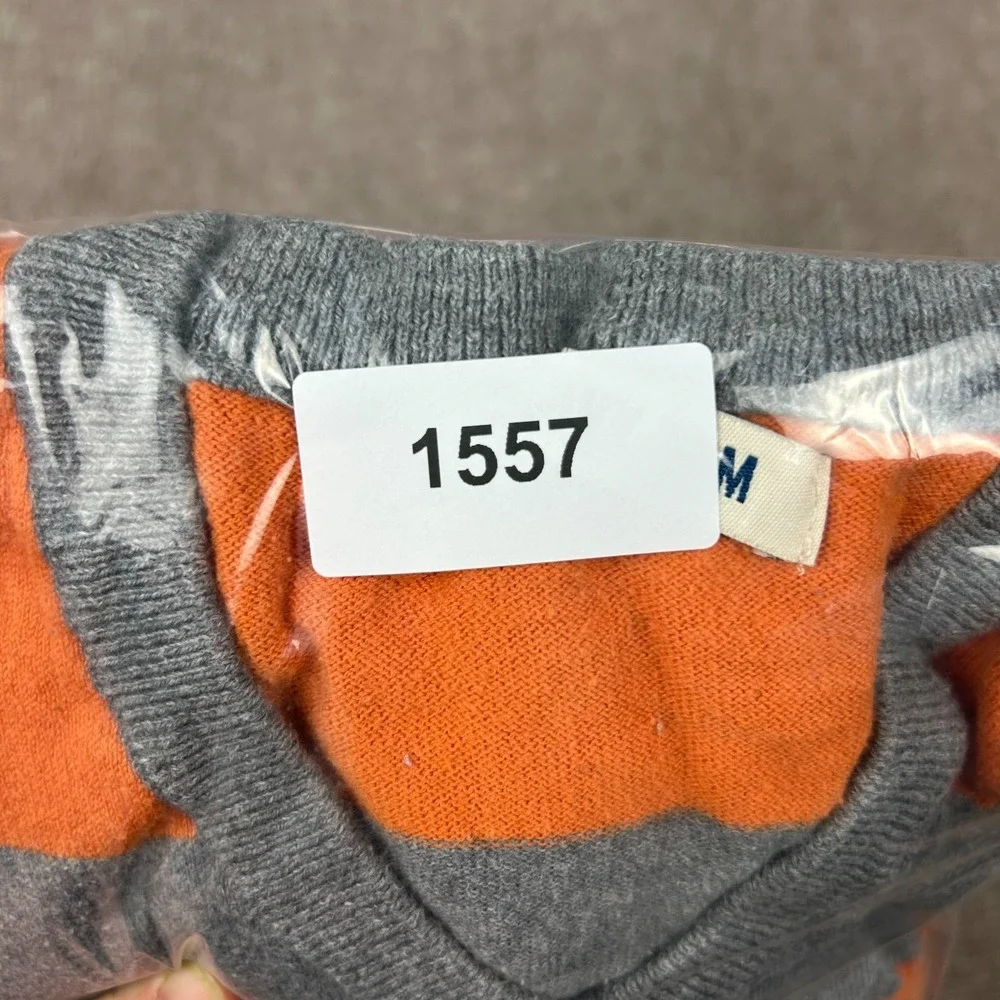 Old Navy Sweater Mens Medium Gray Orange Striped Chunky Knit Ribbed Hem V Neck